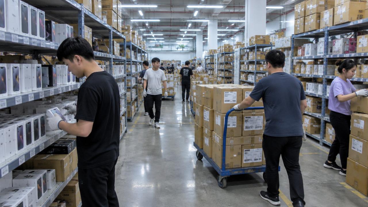 华强北仓库货架之间，员工戴着手套拣货备货，手推车满载待发的纸箱