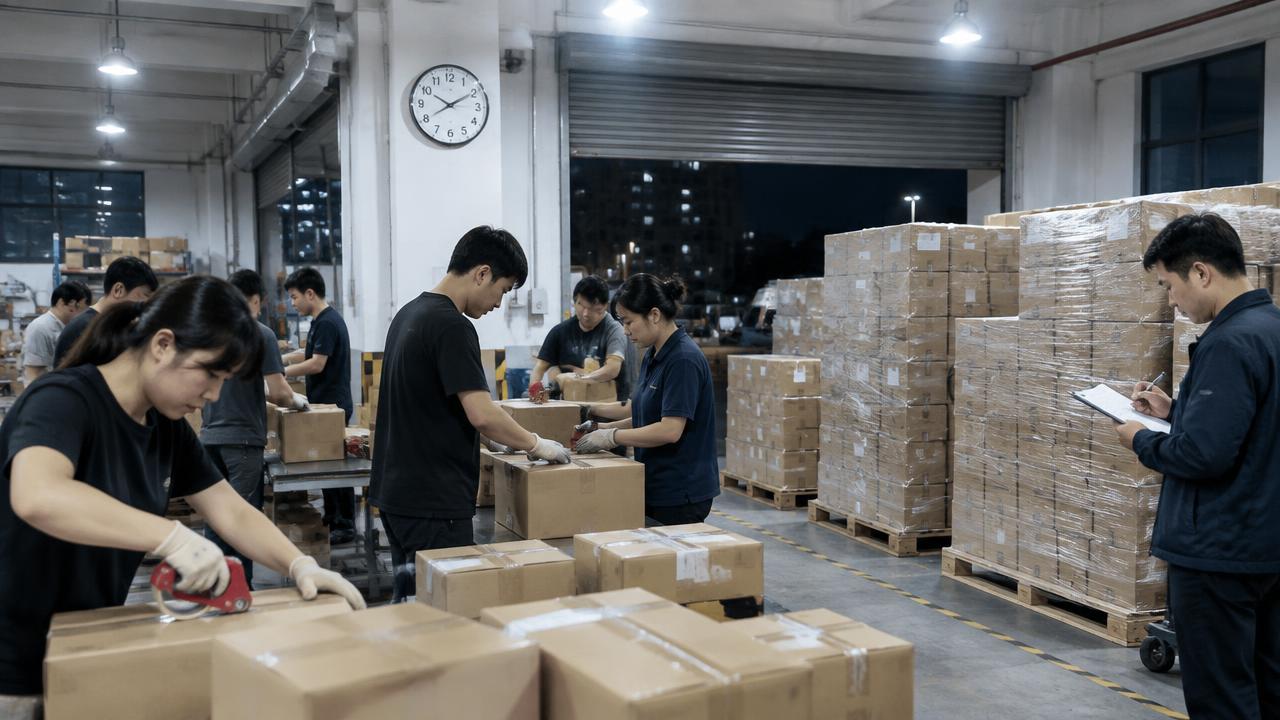 深夜的仓库灯火通明，团队成员封箱、码垛，托盘上堆满缠好拉伸膜的待发包裹