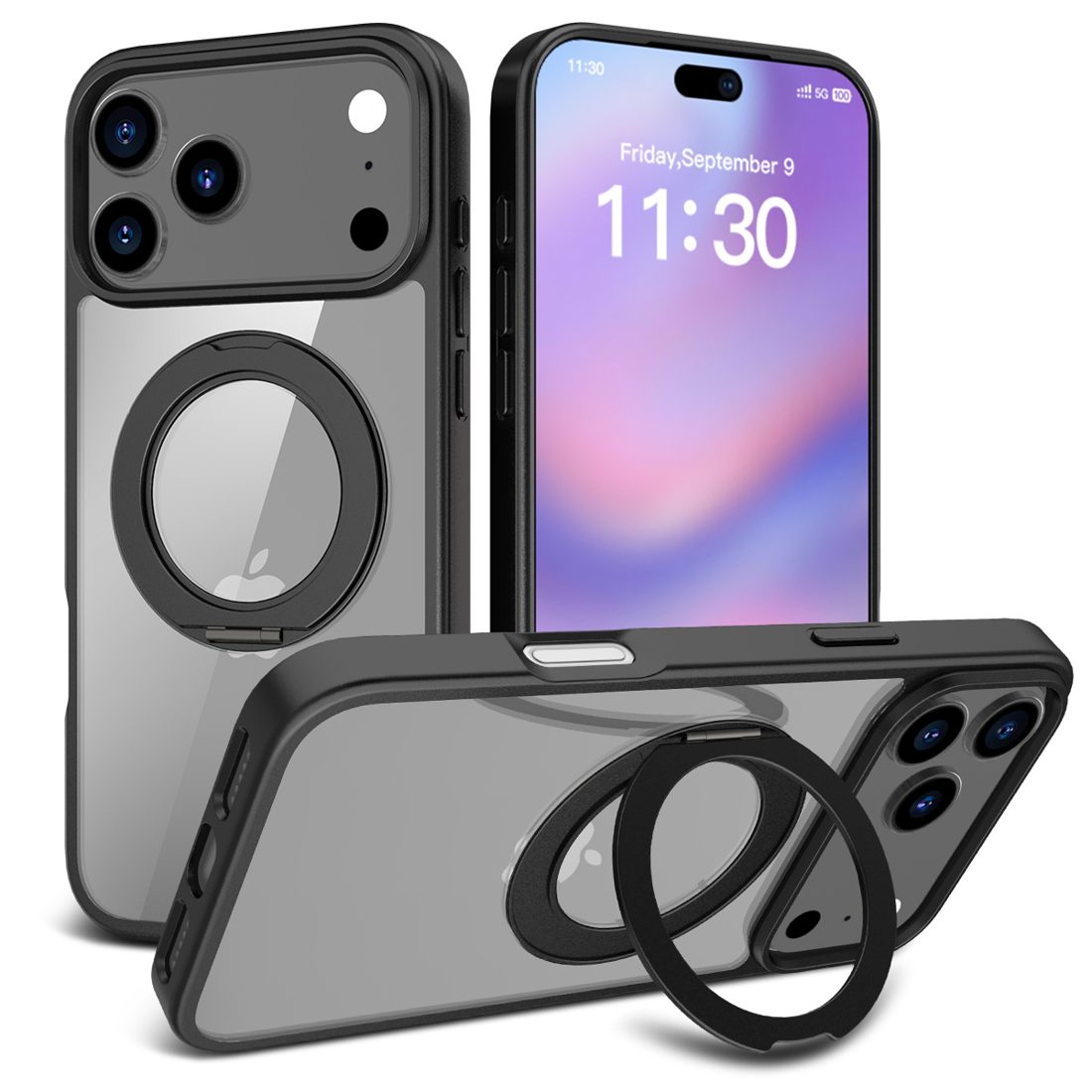 360 Rotation Stand & Holder Matte TPU Border Clear Back Case with Magsafe for iPhone 11-17 Series — phone accessory shipped from Shenzhen warehouse